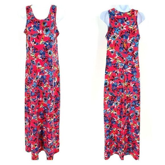 Lularoe Dani Bird Floral Print Pink Maxi Tank Dress Tropical Medium Hawaiian - Picture 2 of 7
